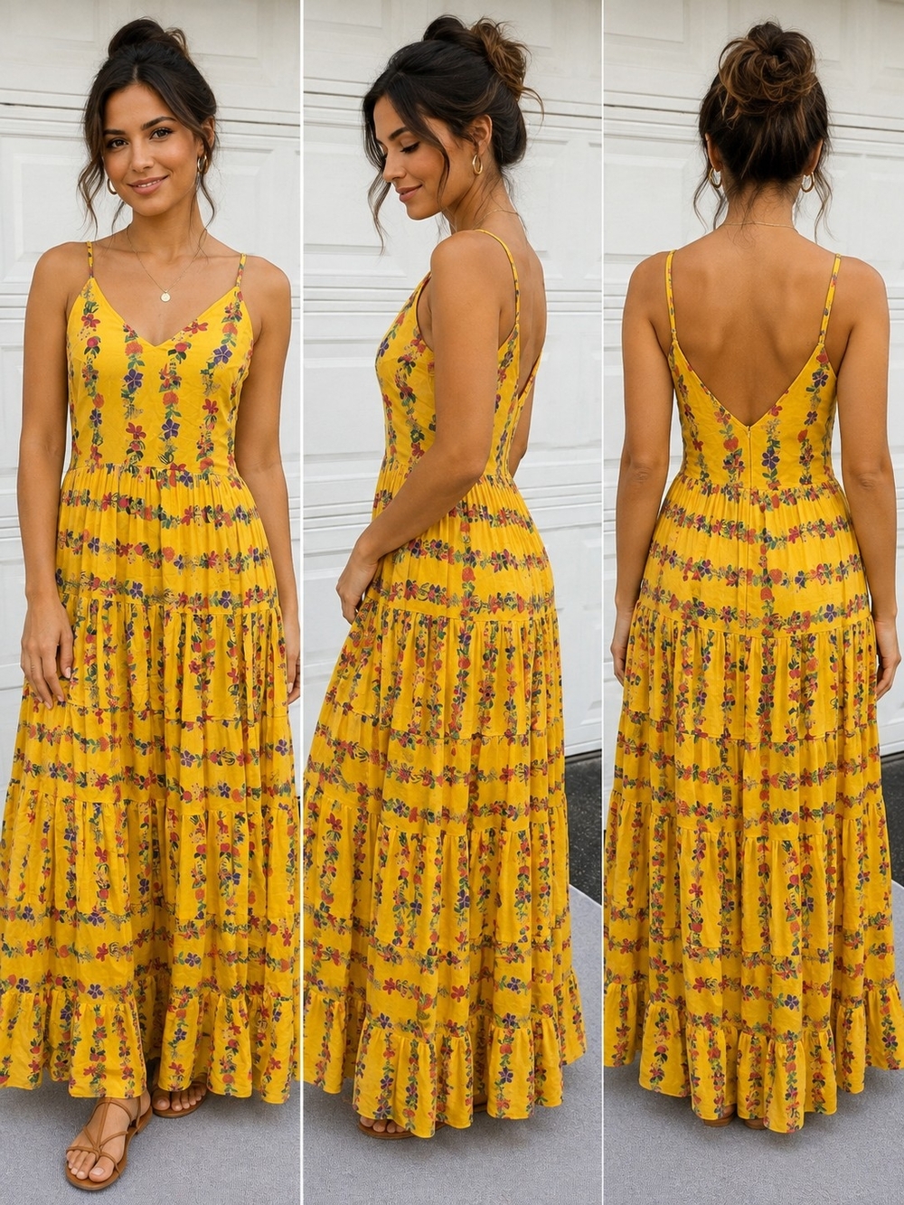 Carolina K XS Yellow Floral Cotton Silk Tiered Boho Maxi Dress